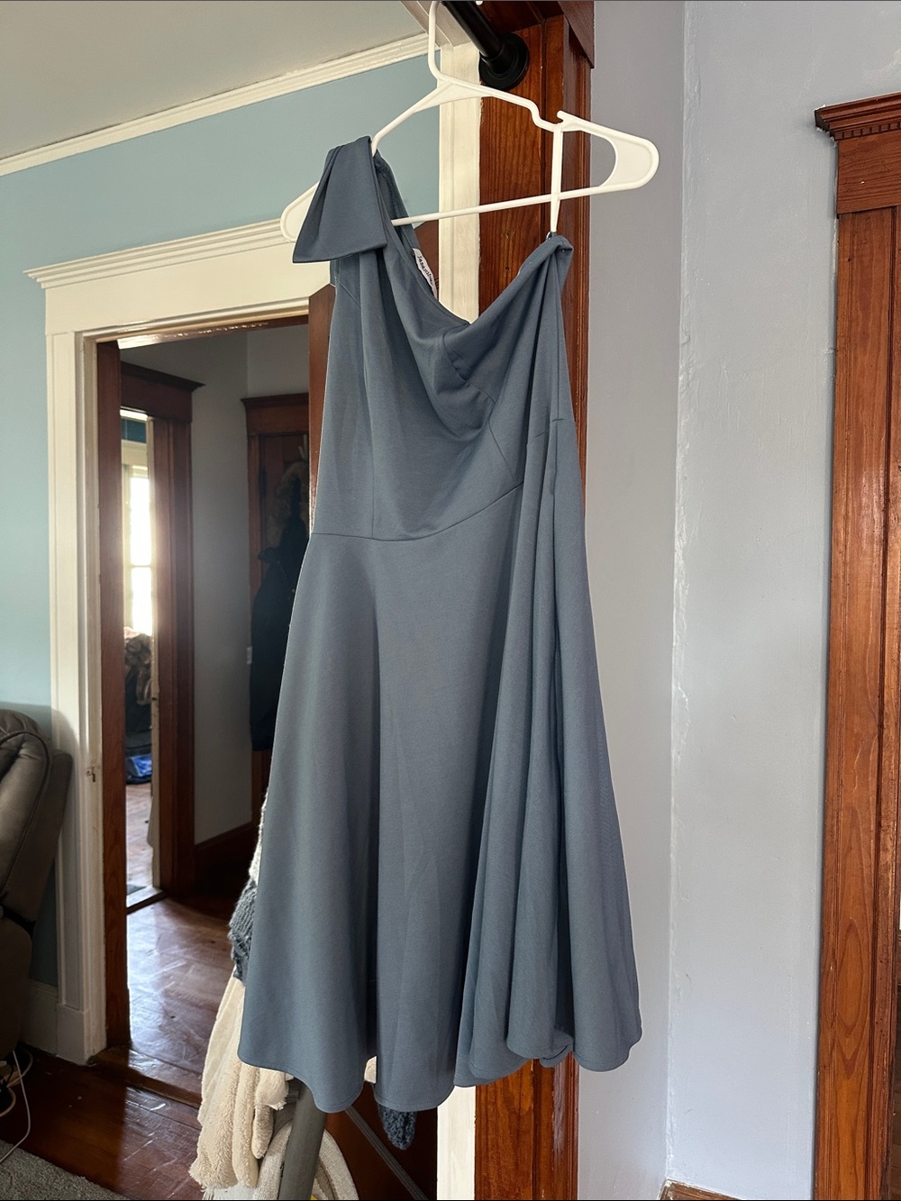 One-Shoulder Slate Blue Cocktail Dress with Draped Cowl